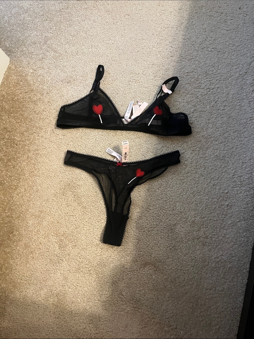 Victoria's Secret Black Sheer Lace Bralette & Thong with Red Heart Appliqués